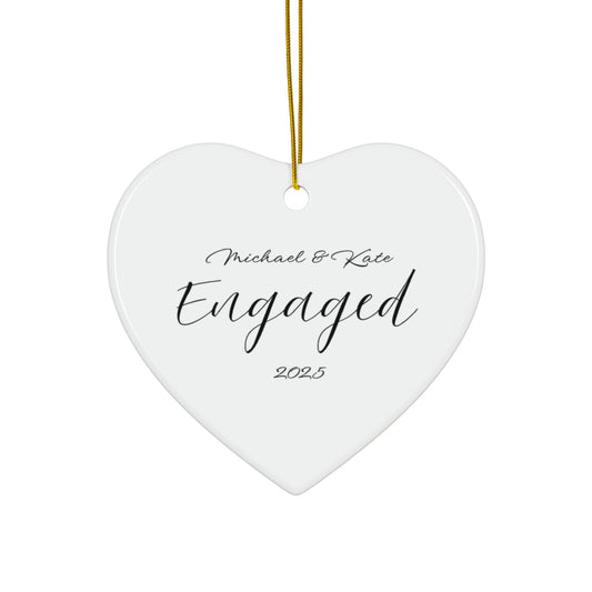 Engagement Ceramic Ornament, Personalized Heart Decor, Wedding Keepsake, Christmas Tree Decoration, Couple Gift, 2025 Engagement Ornament