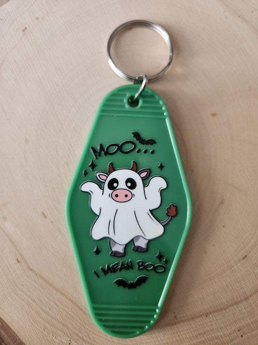 Moo I Mean Boo Ghost Cow Keychain